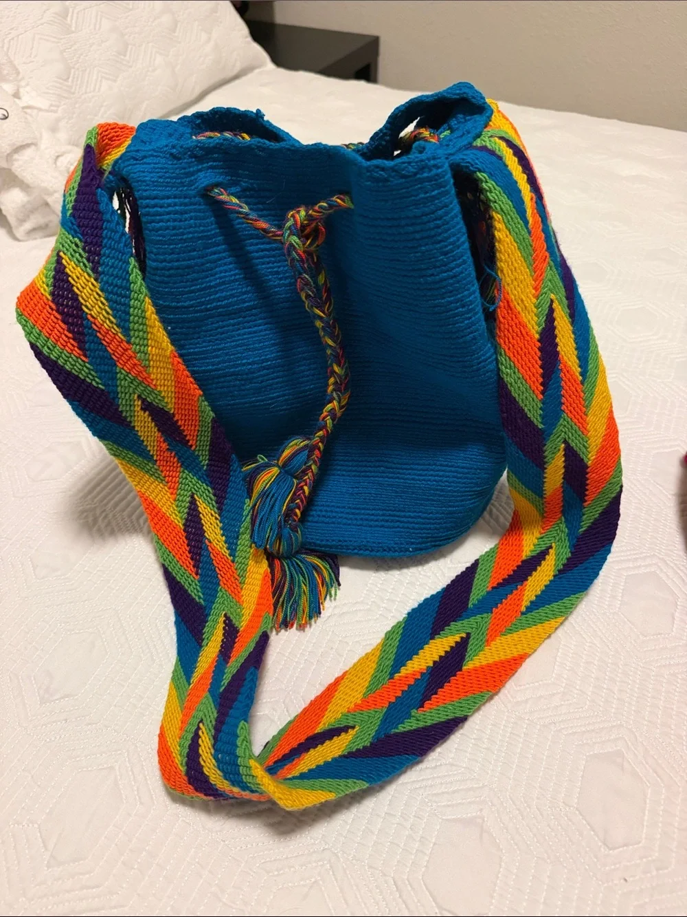 Handwoven Teal Bucket Bag with Multi-Color Strap Handmade wayuu tribe